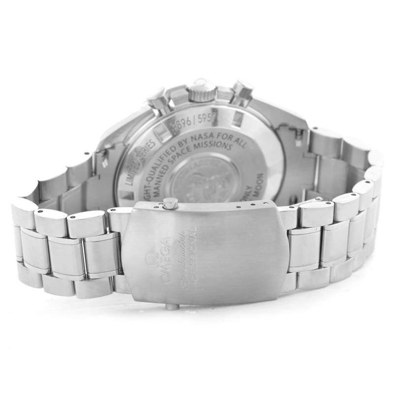 The image shows the back case and bracelet clasp of an Omega Speedmaster 311.30.42.30.01.001 Men's Stainless Steel Black Dial 311.30.42.30.01.001 Men's Stainless Steel Black Dial watch, including engraved details on the case back and clasp.