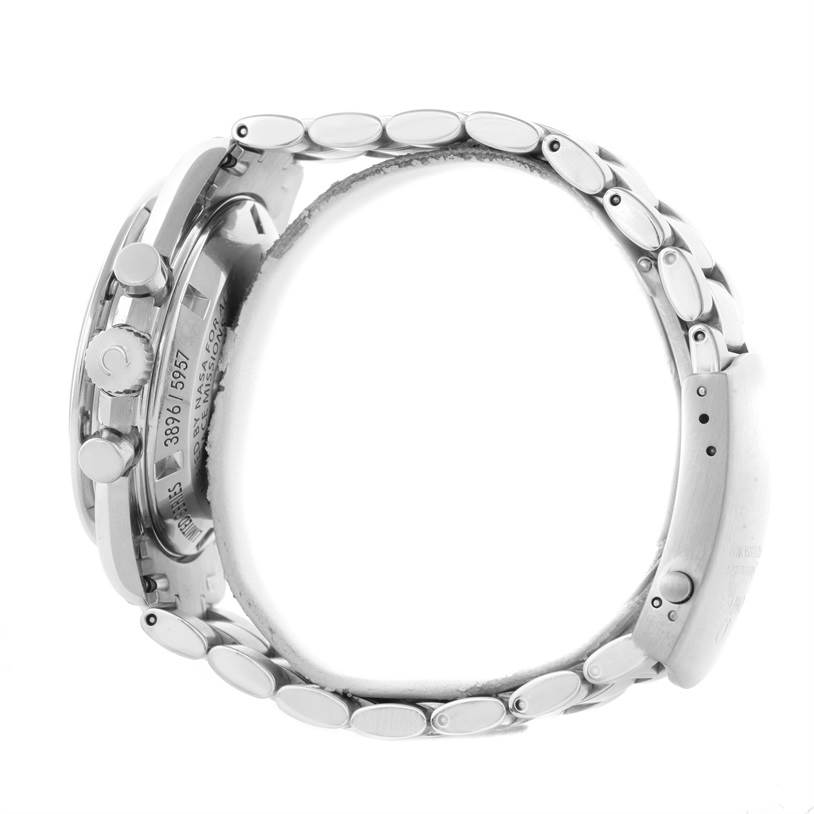 The image shows a side profile view of the Omega Speedmaster 311.30.42.30.01.001 Men's Stainless Steel Black Dial 311.30.42.30.01.001 Men's Stainless Steel Black Dial watch focusing on the crown, pushers, and metal bracelet.