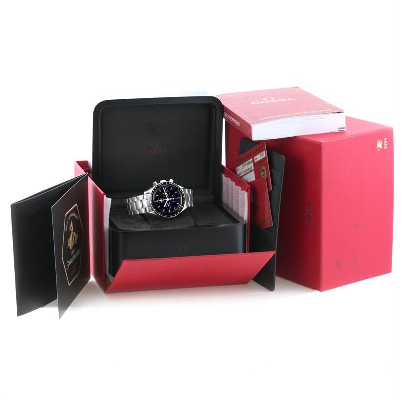 The Omega Speedmaster 311.30.42.30.01.001 Men's Stainless Steel Black Dial 311.30.42.30.01.001 Men's Stainless Steel Black Dial watch is displayed in its box with manuals and cards, all from a front angle.