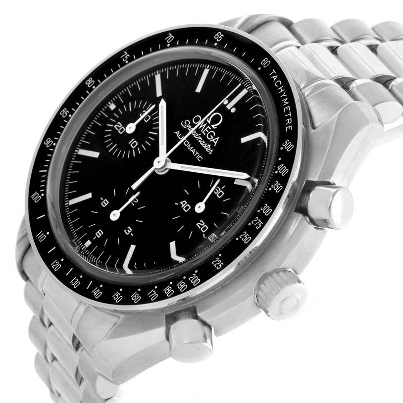 The Omega Speedmaster 3539.50.00 Men
s Stainless Steel Black Dial 3539.50.00 Men
s Stainless Steel Black Dial watch is shown at a slight angle, highlighting the bezel, crown, pushers, and part of the bracelet.
