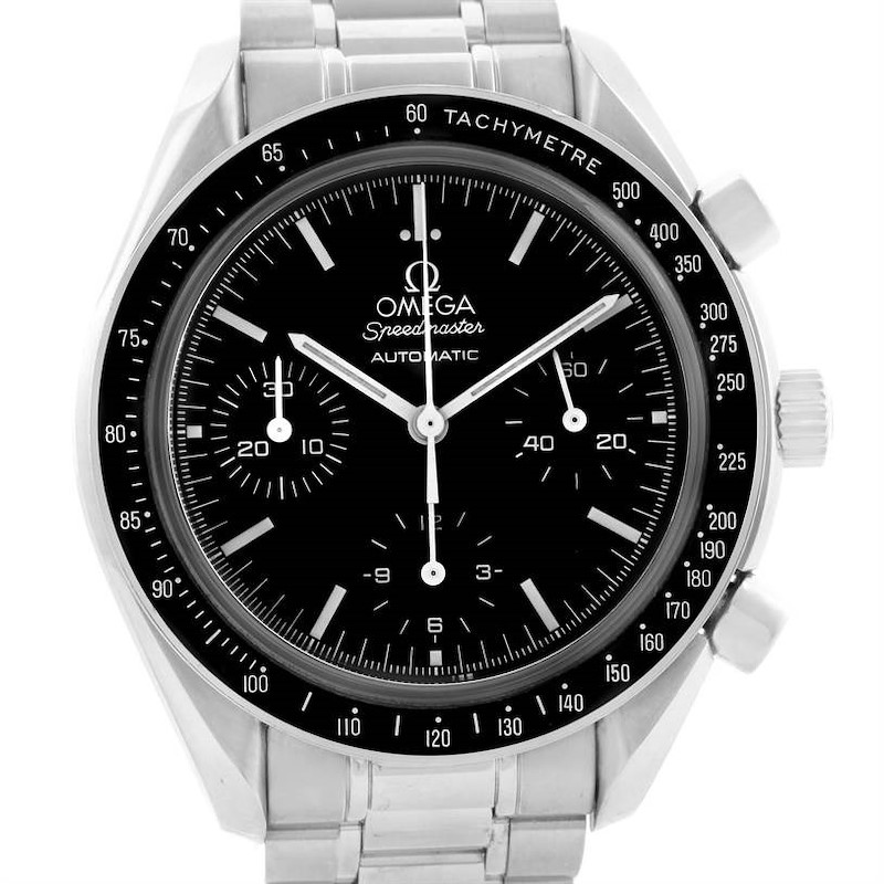 This image shows a frontal view of an Omega Speedmaster watch, displaying its dial, tachymeter bezel, and stainless steel bracelet.