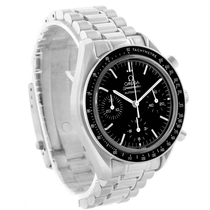 This image shows a 3/4 angled view of the Omega Speedmaster 3539.50.00 Men
s Stainless Steel Black Dial 3539.50.00 Men
s Stainless Steel Black Dial watch, highlighting its face, bezel, and bracelet.