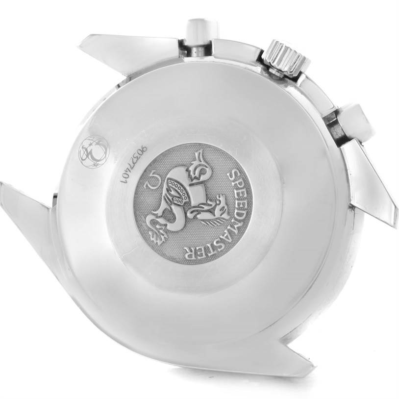 This is an angled view showing the case back and side buttons of an Omega Speedmaster 3539.50.00 Men
s Stainless Steel Black Dial 3539.50.00 Men
s Stainless Steel Black Dial watch.