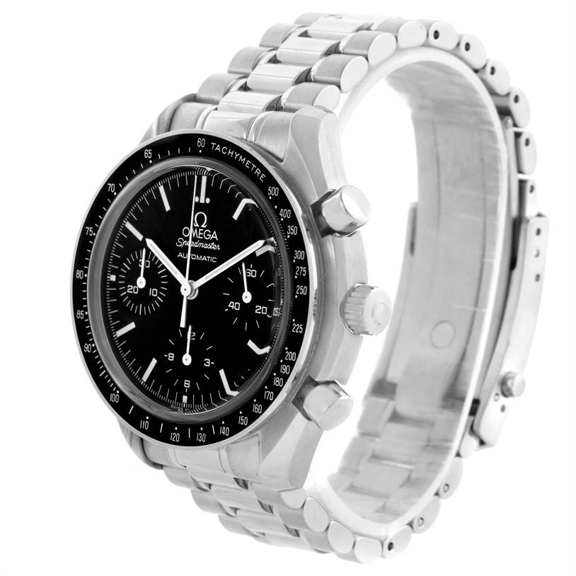 The Omega Speedmaster 3539.50.00 Men
s Stainless Steel Black Dial 3539.50.00 Men
s Stainless Steel Black Dial watch is shown at a three-quarter angle, highlighting its black dial, tachymeter bezel, and stainless steel bracelet.