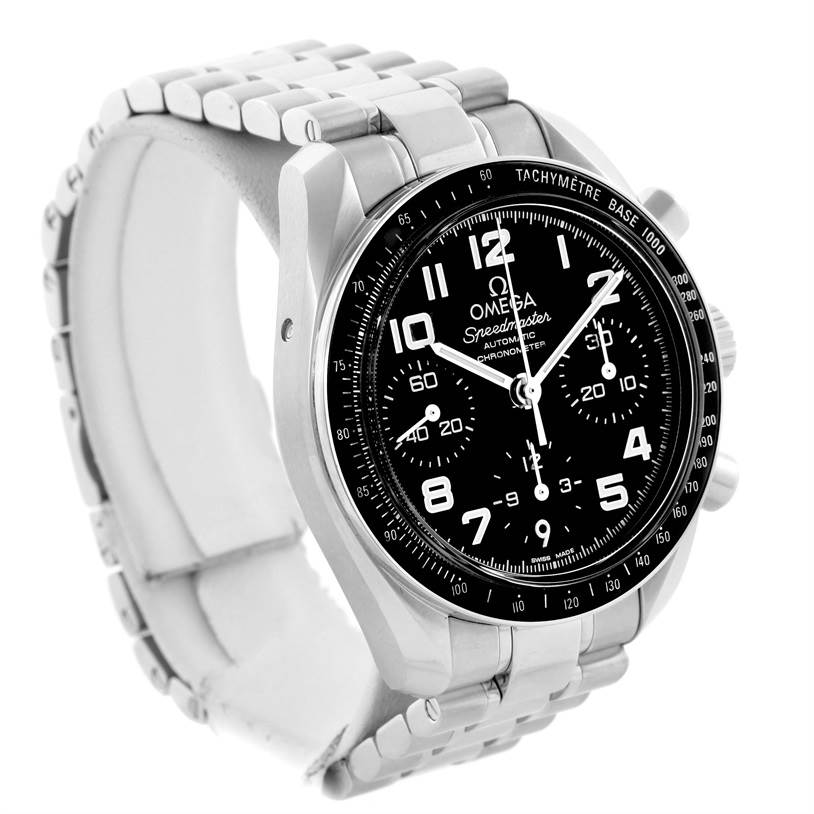 The image shows an angled view of an Omega Speedmaster 324.30.38.40.06.001 Men
s Stainless Steel Grey Dial 324.30.38.40.06.001 Men
s Stainless Steel Grey Dial watch displaying its face, bezel, and bracelet.