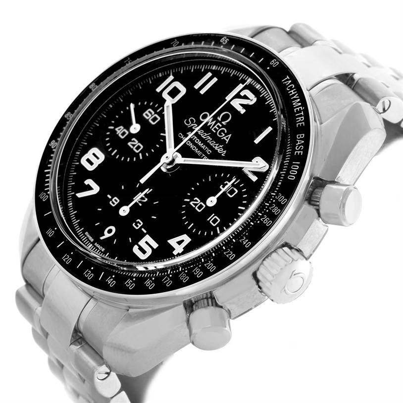 The image shows an Omega Speedmaster 324.30.38.40.06.001 Men
s Stainless Steel Grey Dial 324.30.38.40.06.001 Men
s Stainless Steel Grey Dial watch from an angled side view, highlighting its face, crown, pushers, and metal bracelet.