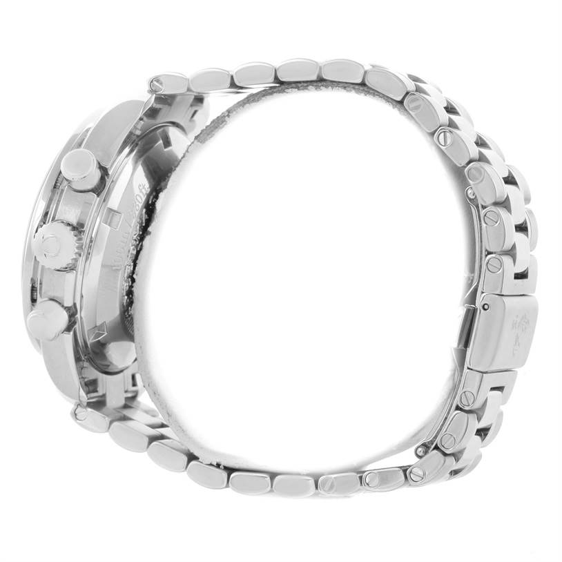 The image shows the side view of an Omega Speedmaster 324.30.38.40.06.001 Men
s Stainless Steel Grey Dial 324.30.38.40.06.001 Men
s Stainless Steel Grey Dial watch, focusing on the case and metal bracelet.