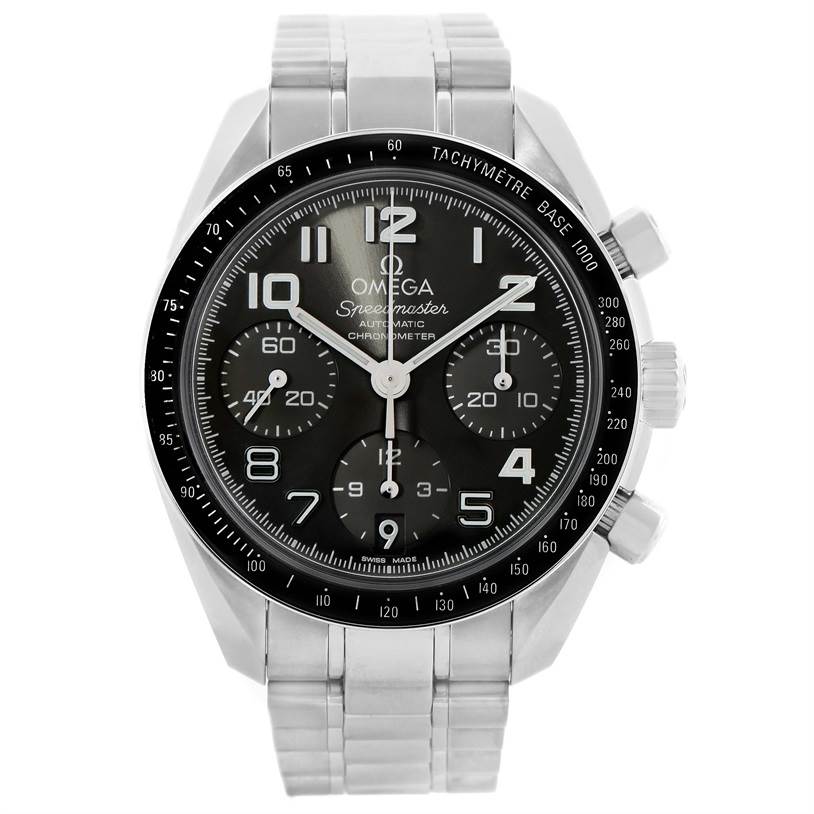 The image shows a front view of the Omega Speedmaster 324.30.38.40.06.001 Men
s Stainless Steel Grey Dial 324.30.38.40.06.001 Men
s Stainless Steel Grey Dial watch, highlighting its dial, bezel, and bracelet.
