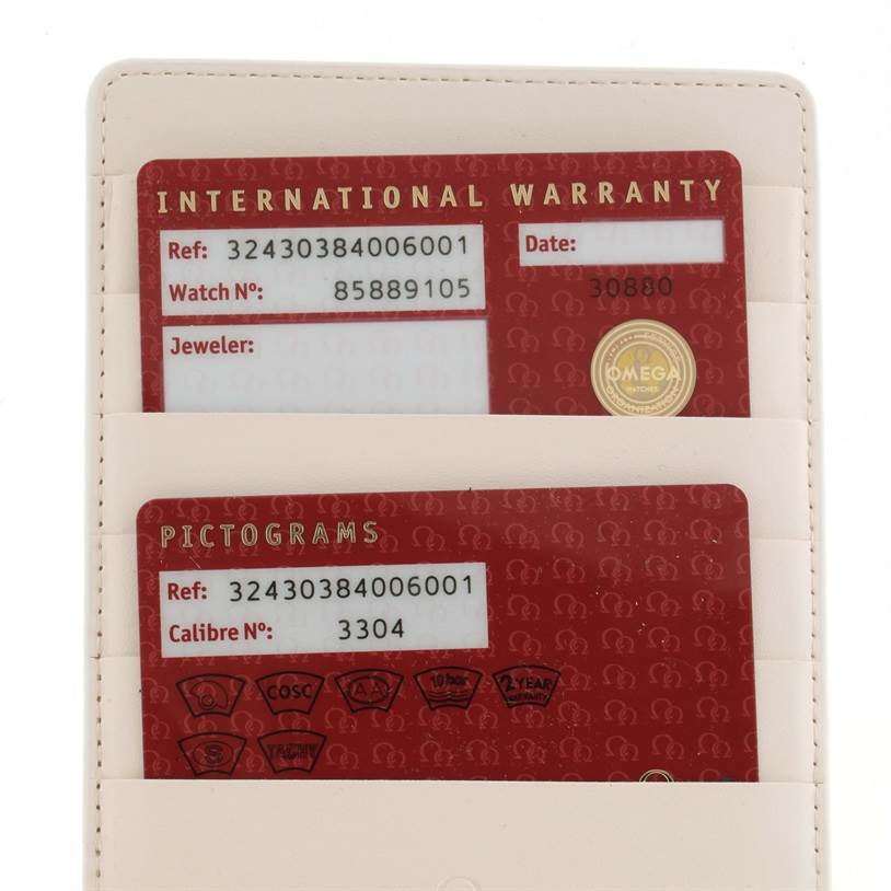 The image shows the International Warranty and Pictograms cards for the Omega Speedmaster 324.30.38.40.06.001 Men
s Stainless Steel Grey Dial 324.30.38.40.06.001 Men
s Stainless Steel Grey Dial watch model.