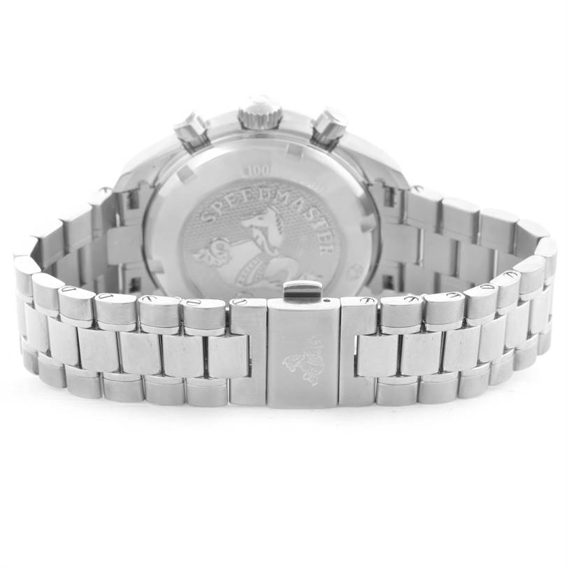 This image shows the back of an Omega Speedmaster 324.30.38.40.06.001 Men
s Stainless Steel Grey Dial 324.30.38.40.06.001 Men
s Stainless Steel Grey Dial watch, including the case back and metal bracelet.