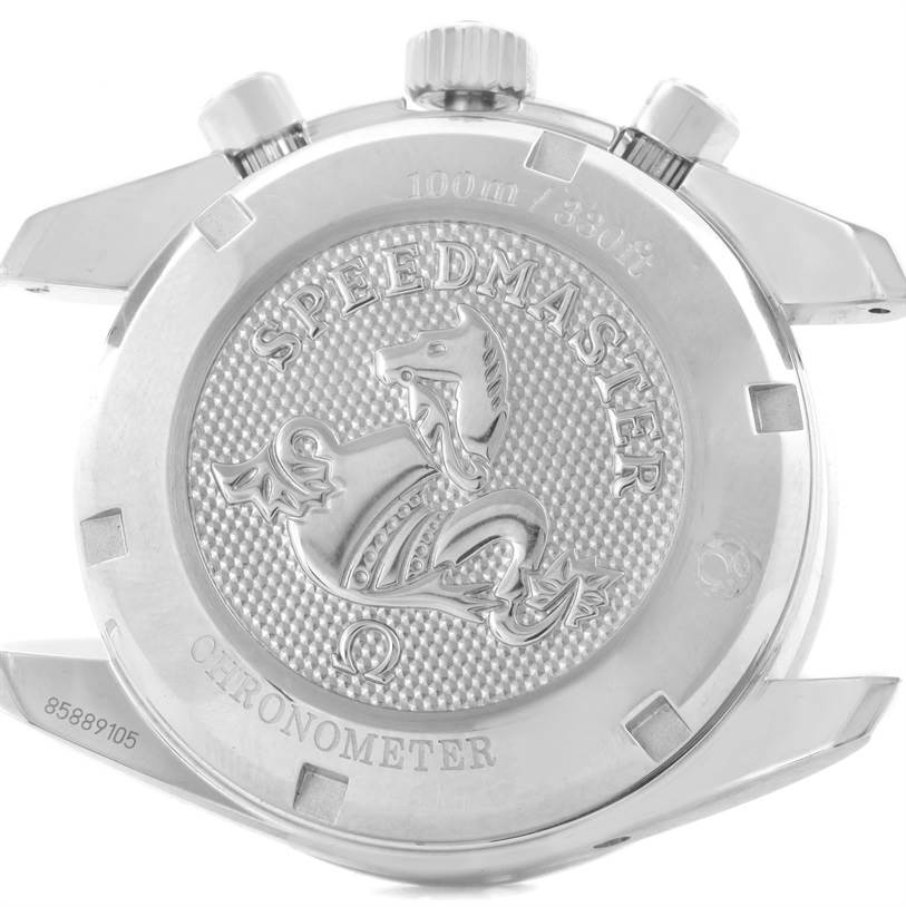 This image shows the case back and crown of an Omega Speedmaster 324.30.38.40.06.001 Men
s Stainless Steel Grey Dial 324.30.38.40.06.001 Men
s Stainless Steel Grey Dial chronometer, featuring the Speedmaster inscription and emblem.