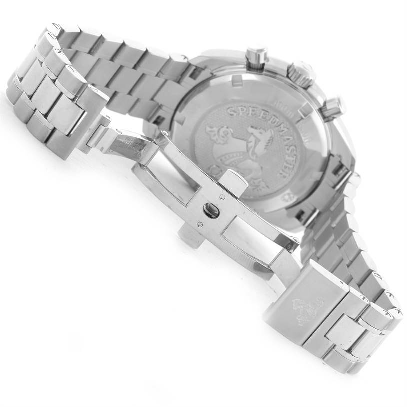 This is a rear view of an Omega Speedmaster 324.30.38.40.06.001 Men
s Stainless Steel Grey Dial 324.30.38.40.06.001 Men
s Stainless Steel Grey Dial watch, showing its stainless steel bracelet and closed deployment clasp.