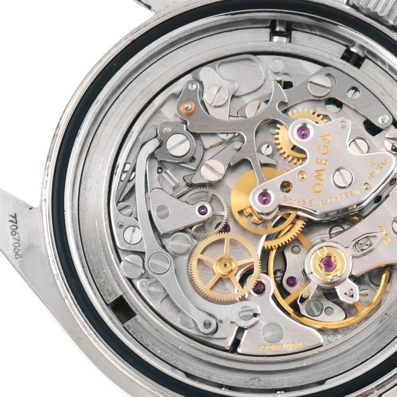 This image shows the intricate mechanical movement of the Omega Speedmaster 3575.20.00 Men
s Stainless Steel White Dial 3575.20.00 Men
s Stainless Steel White Dial watch from a close-up, back view.