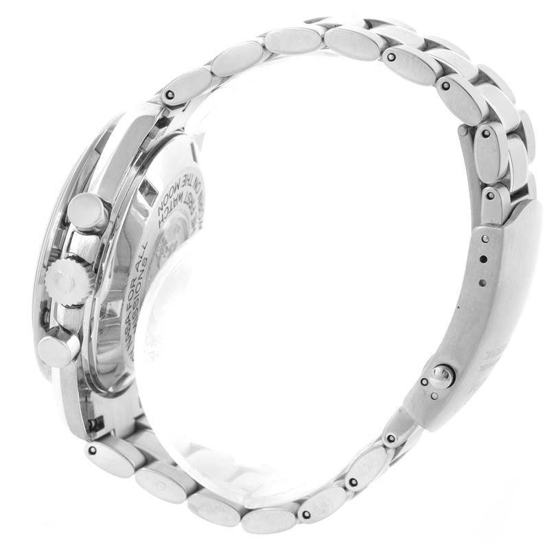 This image shows a side view of the Omega Speedmaster 3575.20.00 Men
s Stainless Steel White Dial 3575.20.00 Men
s Stainless Steel White Dial watch, highlighting the pushers, crown, case, and stainless steel bracelet.