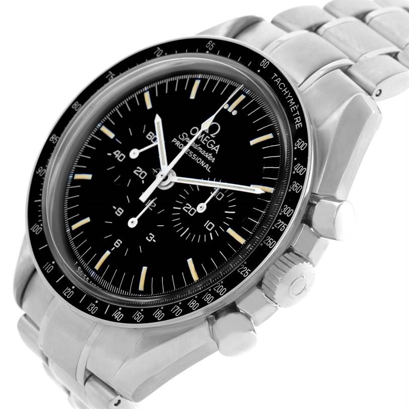 The Omega Speedmaster Men
s Stainless Steel Black Dial Men
s Stainless Steel Black Dial watch is shown at an angled view, highlighting the dial, bezel, pushers, and bracelet.