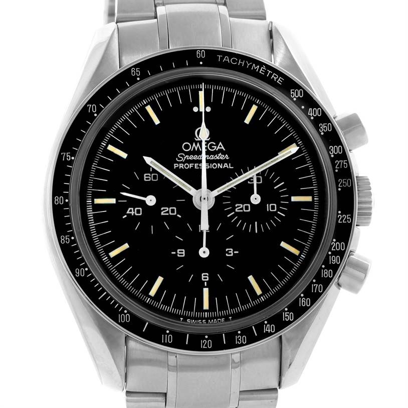 The image shows a front view of the Omega Speedmaster Men
s Stainless Steel Black Dial Men
s Stainless Steel Black Dial watch, showcasing its dial, subdials, and tachymeter bezel.