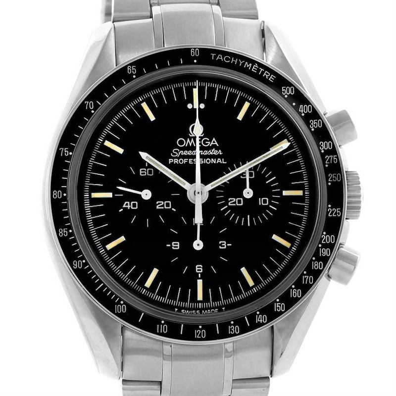 The image shows a front view of the Omega Speedmaster watch, showcasing its dial, subdials, and tachymeter bezel.