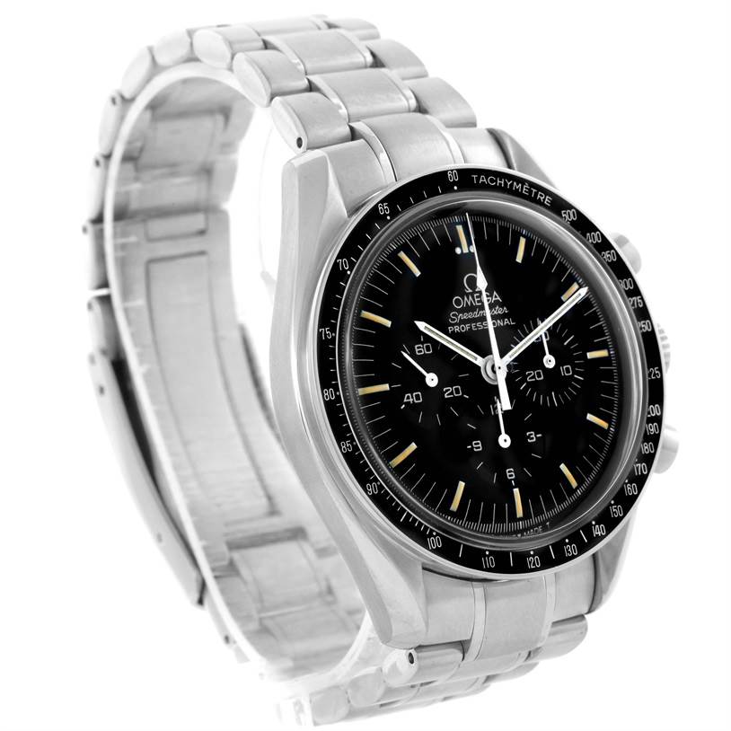 The Omega Speedmaster Men
s Stainless Steel Black Dial Men
s Stainless Steel Black Dial watch is shown from a 3/4 angle, displaying its face, bezel, and bracelet.