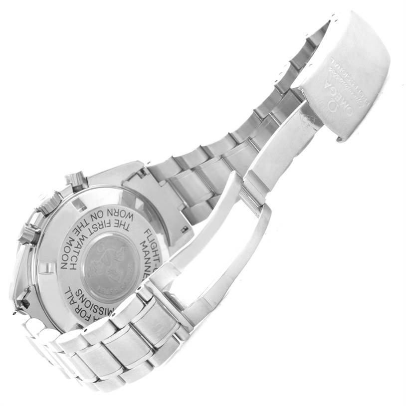 The image shows the back and partially open clasp of the Omega Speedmaster Men
s Stainless Steel Black Dial Men
s Stainless Steel Black Dial watch, highlighting its bracelet and engraved case back.