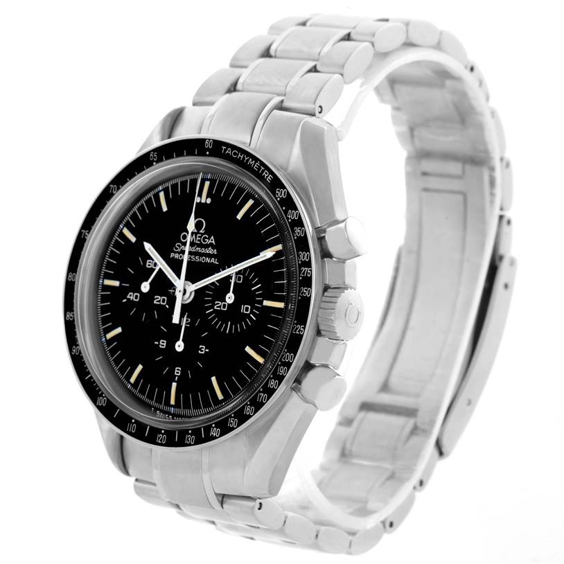 The image shows an Omega Speedmaster Men
s Stainless Steel Black Dial Men
s Stainless Steel Black Dial watch at a three-quarter angle, highlighting the face, bezel, crown, and bracelet.