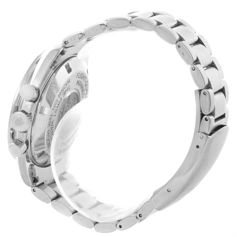 This image shows the side angle of an Omega Speedmaster Men
s Stainless Steel Black Dial Men
s Stainless Steel Black Dial watch highlighting its stainless steel case, pushers, crown, and bracelet.