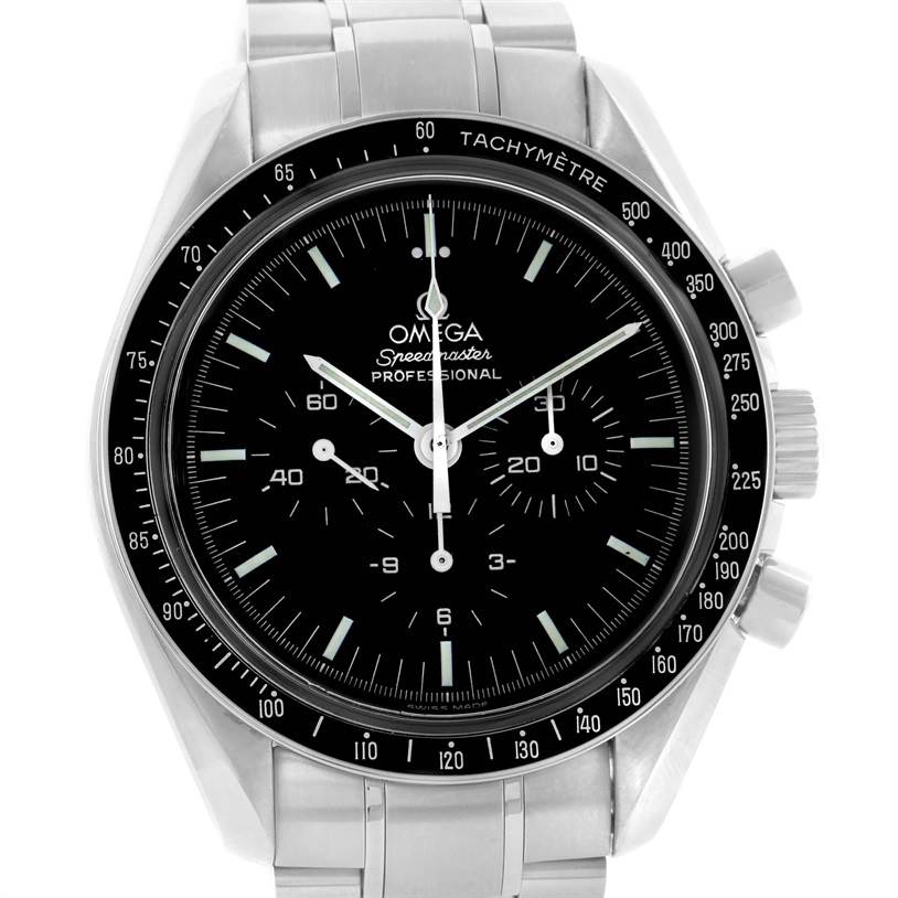 The image shows a front view of the Omega Speedmaster 3570.50.00 Men
s Stainless Steel Black Dial 3570.50.00 Men
s Stainless Steel Black Dial watch, highlighting its dial, bezel, and tachymeter.