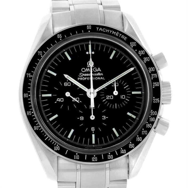 The image shows a front view of the Omega Speedmaster watch, highlighting its dial, bezel, and tachymeter.