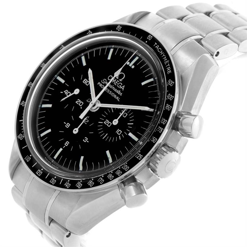 This image shows a close-up, angled view of the Omega Speedmaster 3570.50.00 Men
s Stainless Steel Black Dial 3570.50.00 Men
s Stainless Steel Black Dial watch, highlighting the dial, bezel, pushers, and part of the bracelet.