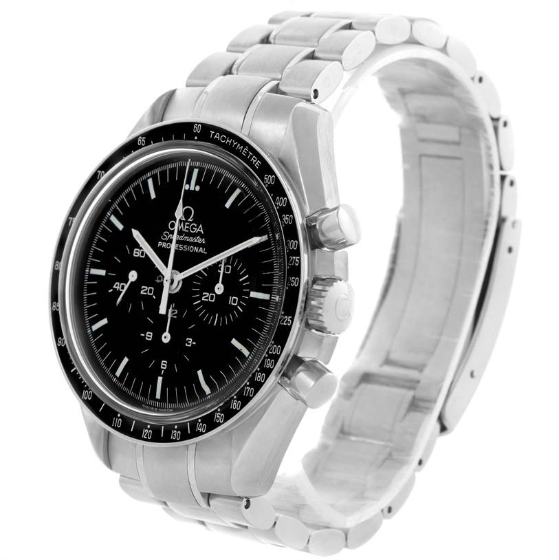 The image shows an Omega Speedmaster 3570.50.00 Men
s Stainless Steel Black Dial 3570.50.00 Men
s Stainless Steel Black Dial watch at a three-quarter angle, highlighting the face, bezel, and metal bracelet.