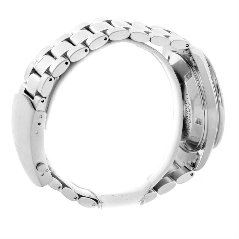 The image shows a side view of an Omega Speedmaster 3570.50.00 Men
s Stainless Steel Black Dial 3570.50.00 Men
s Stainless Steel Black Dial watch, highlighting the bracelet and case.