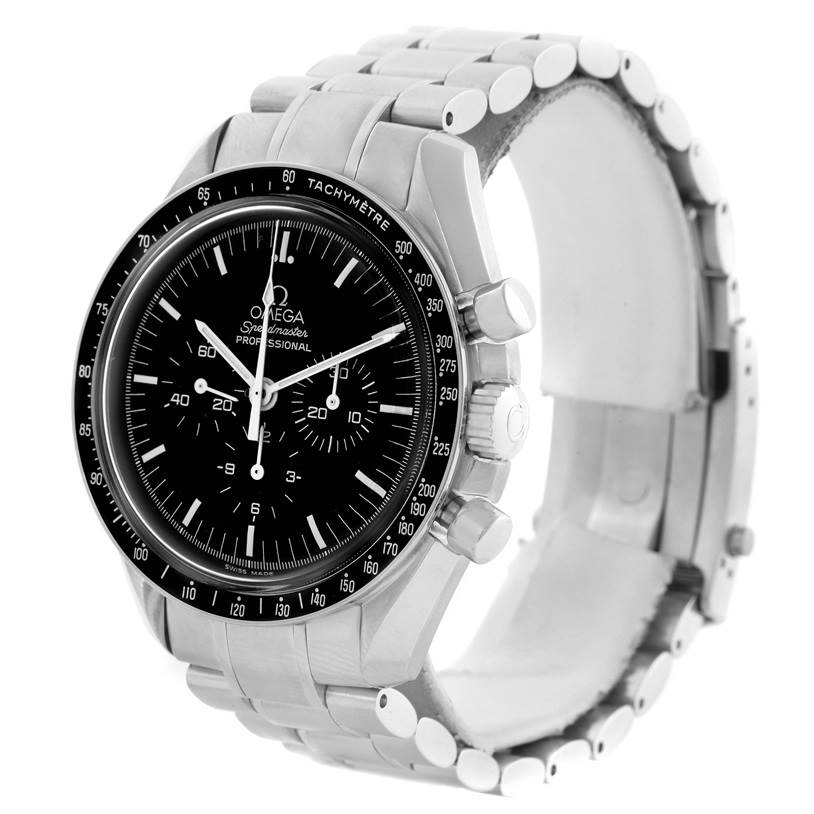The image shows an Omega Speedmaster 3570.50.00 Men
s Stainless Steel Black Dial 3570.50.00 Men
s Stainless Steel Black Dial watch angled slightly to display its face, bezel, and bracelet.