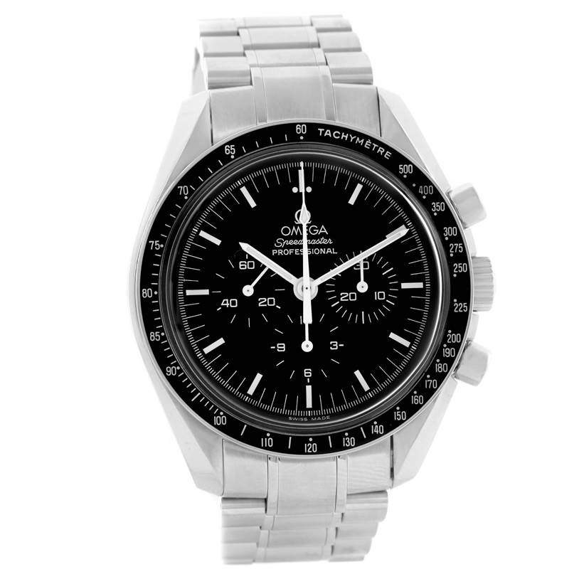 This is a front angle view of the Omega Speedmaster 3570.50.00 Men
s Stainless Steel Black Dial 3570.50.00 Men
s Stainless Steel Black Dial watch, showing the face, bezel, and part of the bracelet.