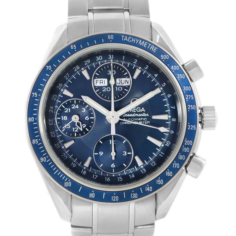 The image shows a front view of an Omega Speedmaster 3222.80.00 Men
s Stainless Steel Blue Dial 3222.80.00 Men
s Stainless Steel Blue Dial, highlighting its blue dial, tachymeter bezel, and chronograph subdials.