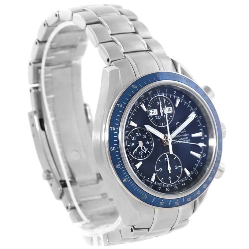 The image shows an Omega Speedmaster 3222.80.00 Men
s Stainless Steel Blue Dial 3222.80.00 Men
s Stainless Steel Blue Dial watch at a front angle, highlighting its blue dial and stainless steel bracelet.