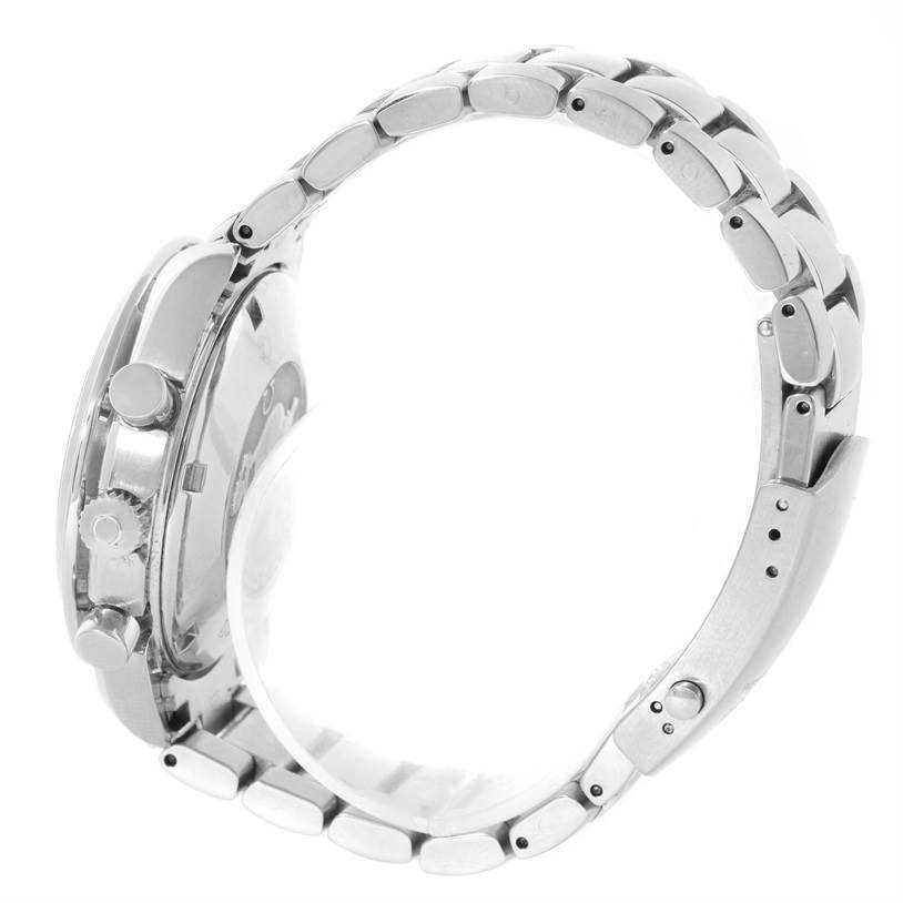 The image shows a side profile view of the Omega Speedmaster 3222.80.00 Men
s Stainless Steel Blue Dial 3222.80.00 Men
s Stainless Steel Blue Dial watch, highlighting the case, pushers, crown, and stainless steel bracelet.