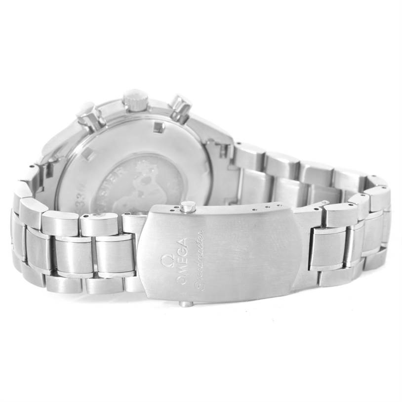 This image shows the back side of an Omega Speedmaster 3222.80.00 Men
s Stainless Steel Blue Dial 3222.80.00 Men
s Stainless Steel Blue Dial watch with a focus on its stainless steel bracelet and clasp.