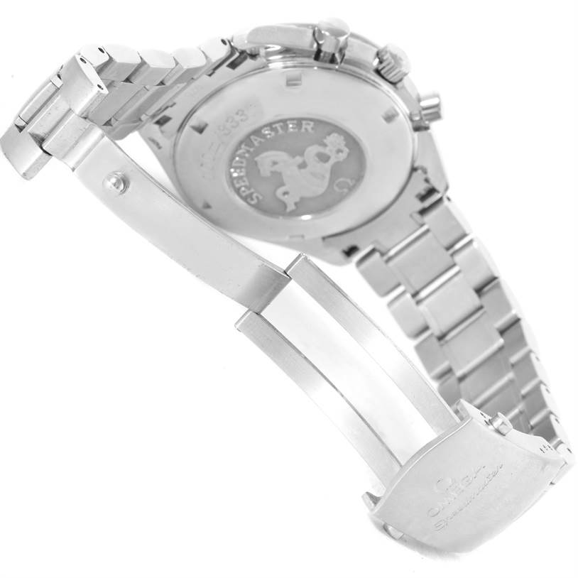 This image shows the back and clasp of an Omega Speedmaster 3222.80.00 Men
s Stainless Steel Blue Dial 3222.80.00 Men
s Stainless Steel Blue Dial watch, highlighting its bracelet and branding.