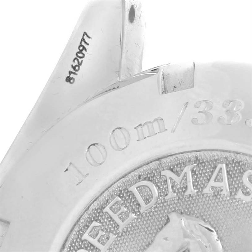 The image shows a close-up of the case back of an Omega Speedmaster 3222.80.00 Men
s Stainless Steel Blue Dial 3222.80.00 Men
s Stainless Steel Blue Dial watch, highlighting its water resistance and part of the branding.