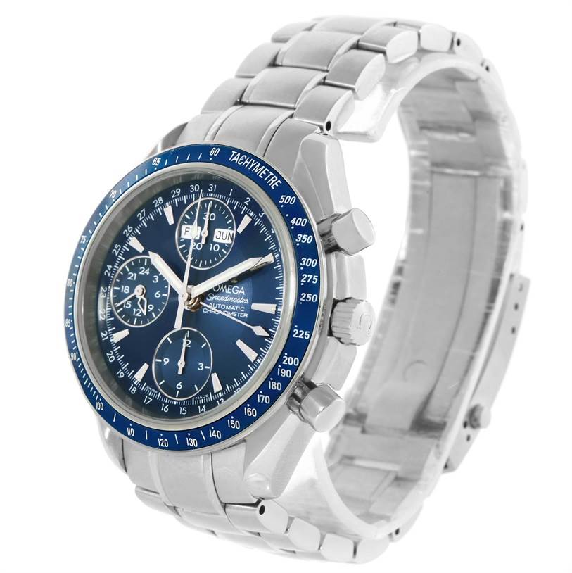 The Omega Speedmaster 3222.80.00 Men
s Stainless Steel Blue Dial 3222.80.00 Men
s Stainless Steel Blue Dial watch is shown at an angled side view, highlighting the dial, bezel, and stainless steel bracelet.