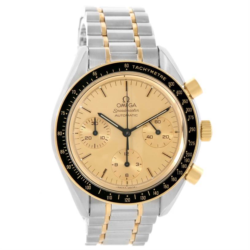 The image shows a front view of an Omega Speedmaster 3310.10 Men's Steel and Gold (two tone) Champagne Dial 3310.10 Men's Steel and Gold (two tone) Champagne Dial watch, showcasing its face, crown, pushers, and bracelet.