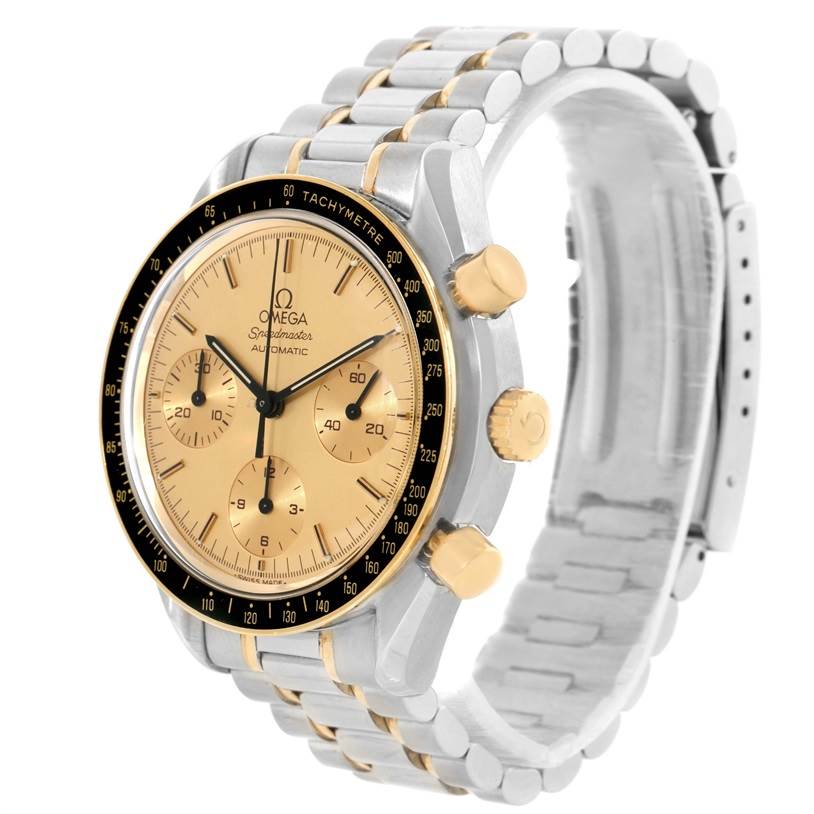 The image shows an Omega Speedmaster 3310.10 Men's Steel and Gold (two tone) Champagne Dial 3310.10 Men's Steel and Gold (two tone) Champagne Dial watch at an angled view, highlighting the dial, bezel, crown, and part of the bracelet.