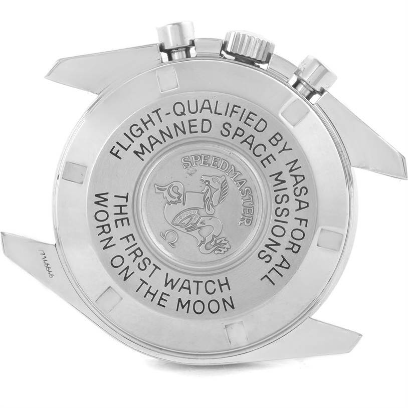 The image shows the back case of an Omega Speedmaster 3570.50.00 Men
s Stainless Steel Black Dial 3570.50.00 Men
s Stainless Steel Black Dial watch, highlighting its engravings and crown.