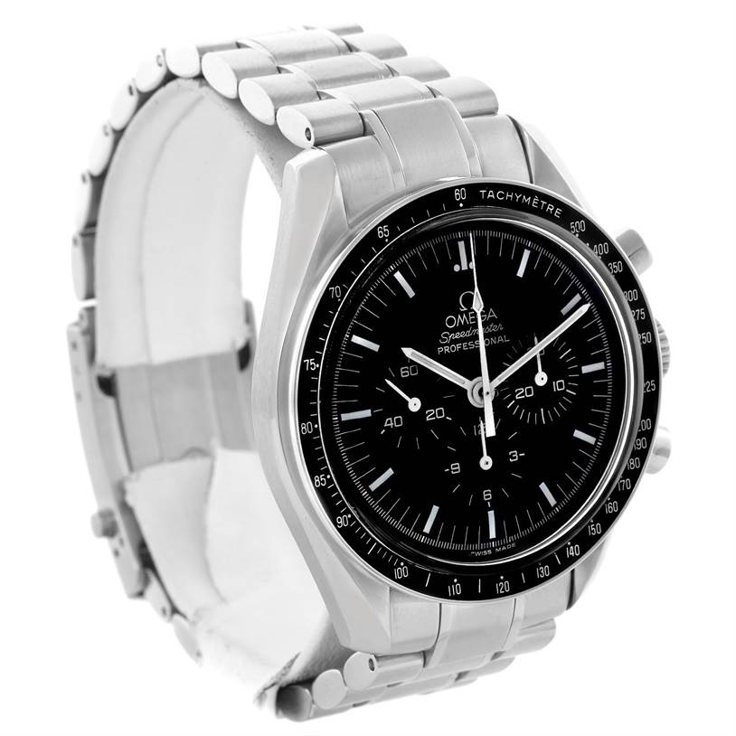 The Omega Speedmaster 3570.50.00 Men
s Stainless Steel Black Dial 3570.50.00 Men
s Stainless Steel Black Dial watch is shown at a front angle, displaying the face, bezel, and metal bracelet.