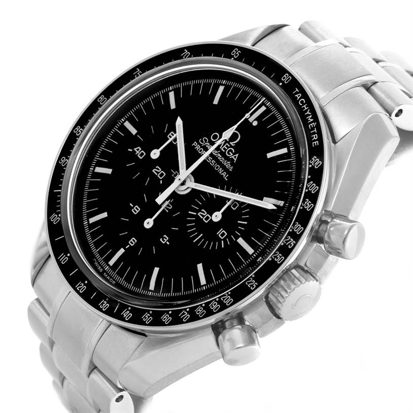 The Omega Speedmaster 3570.50.00 Men
s Stainless Steel Black Dial 3570.50.00 Men
s Stainless Steel Black Dial is shown at an angle emphasizing the dial, bezel, crown, and chronograph pushers.