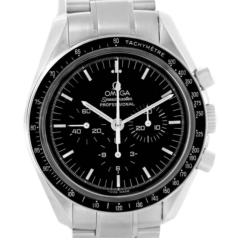 This image shows a frontal view of the Omega Speedmaster 3570.50.00 Men
s Stainless Steel Black Dial 3570.50.00 Men
s Stainless Steel Black Dial watch, featuring the dial, bezel, and part of the bracelet.