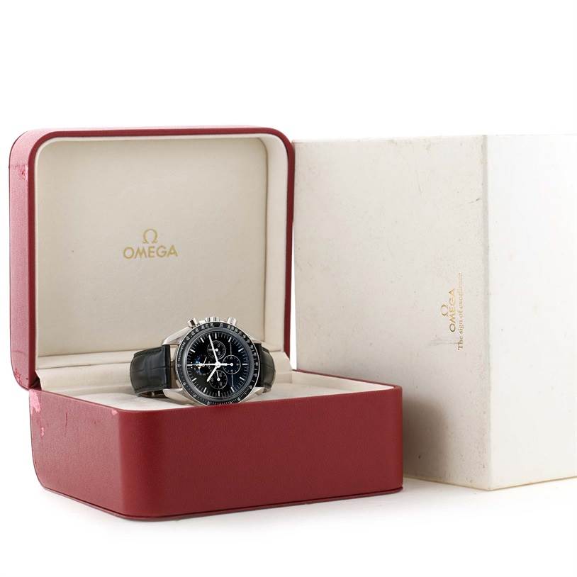 The Omega Speedmaster 3876.50.31 Stainless Steel Black Dial 3876.50.31 Stainless Steel Black Dial watch is shown from a front angle in its open red case with the box beside it.