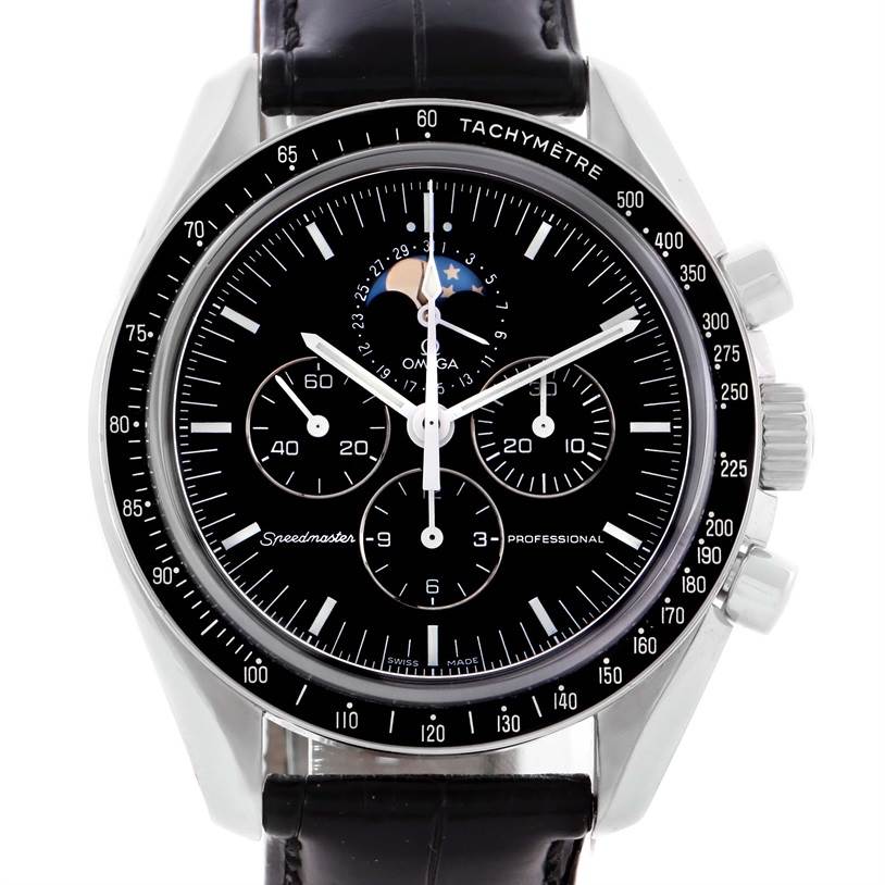 The image shows an Omega Speedmaster 3876.50.31 Stainless Steel Black Dial 3876.50.31 Stainless Steel Black Dial watch with a black dial, tachymeter bezel, chronograph subdials, moon phase indicator, and leather strap.
