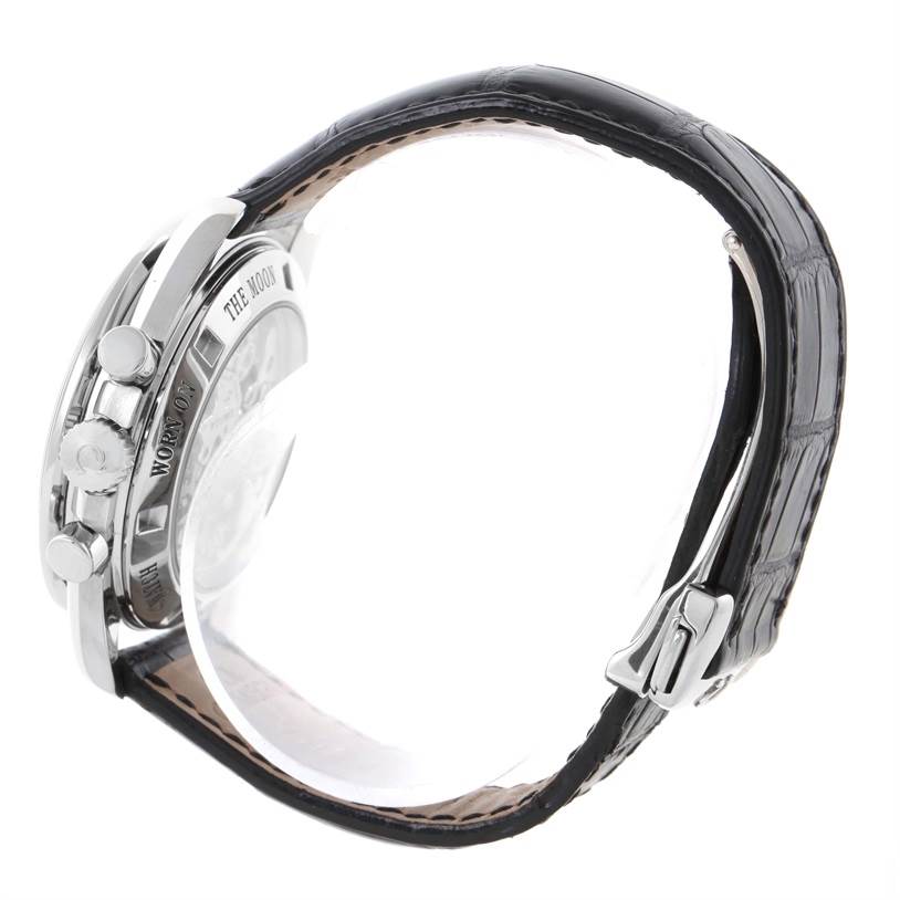 The Omega Speedmaster 3876.50.31 Stainless Steel Black Dial 3876.50.31 Stainless Steel Black Dial model is shown from a side angle, displaying the pushers, crown, partially visible case back, and leather strap.