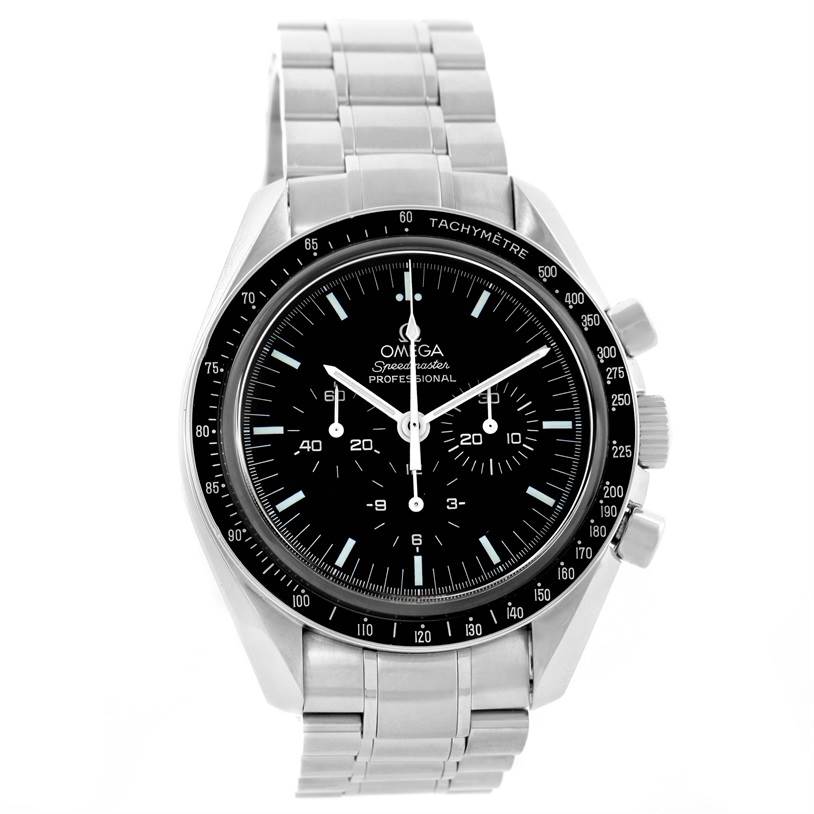 The image shows a frontal view of an Omega Speedmaster 3573.50.00 Men
s Stainless Steel Black Dial 3573.50.00 Men
s Stainless Steel Black Dial watch, highlighting its face, bezel, and bracelet.