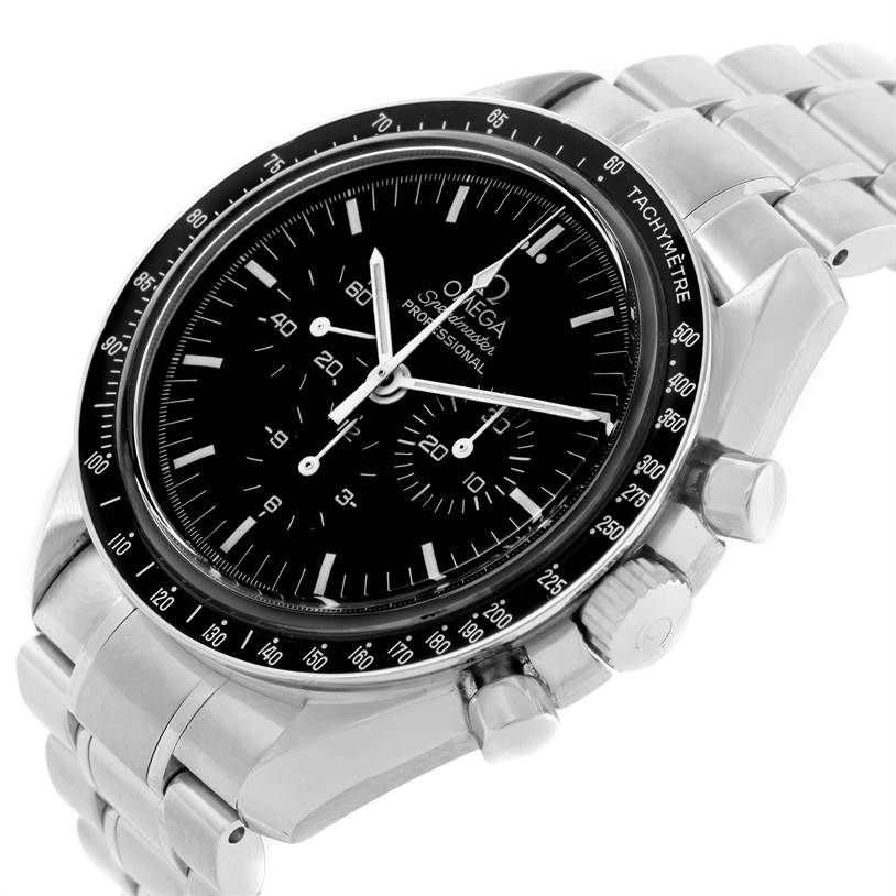 The Omega Speedmaster 3573.50.00 Men
s Stainless Steel Black Dial 3573.50.00 Men
s Stainless Steel Black Dial watch is displayed from an angled view, showing its face, dial, crown, and some of the band.
